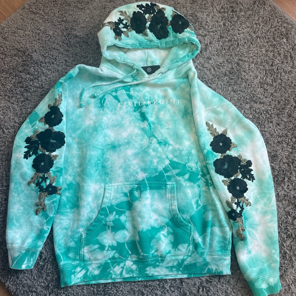 Tie-Dye Hoodie with Floral Embroidery